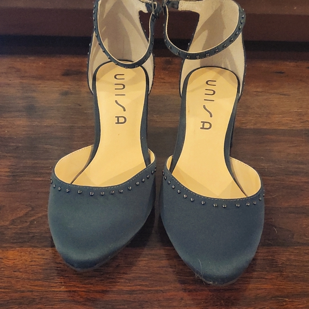 Teal Unisa satin block-heel ankle-strap shoes